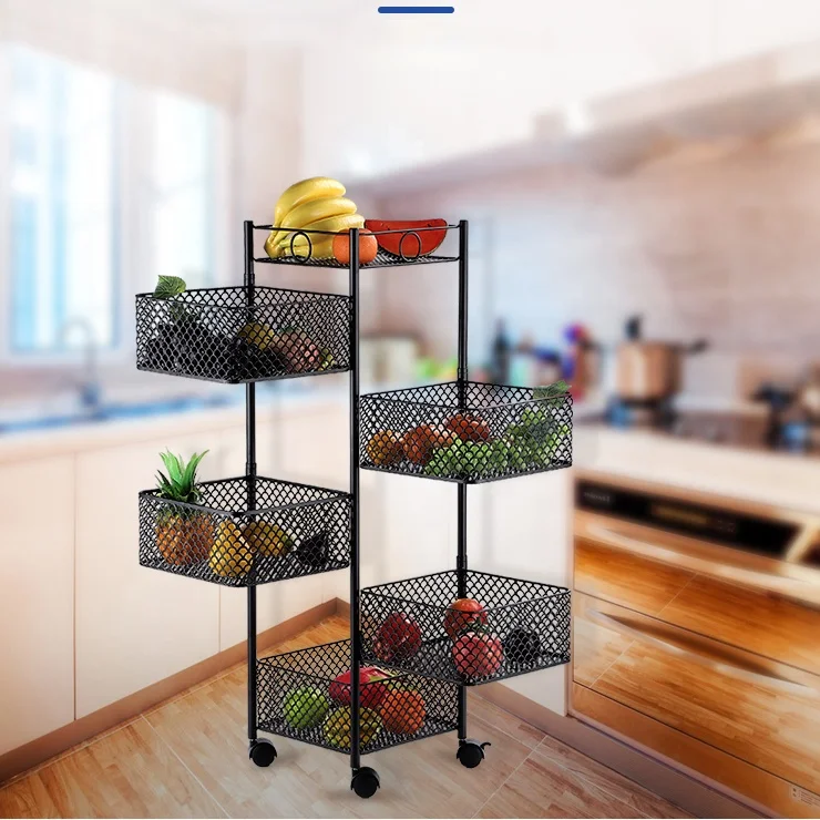 Household  Multilayer Floor Square Rotating Rack Kitchen 4-tier Vegetable Organizer Trolley For Home