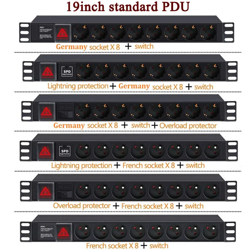 PDU Power Strip Distribution Unit Cabinet 8 Way AC German/French Socket Overload lightningproof Break Switch EU Plug 2m Cord