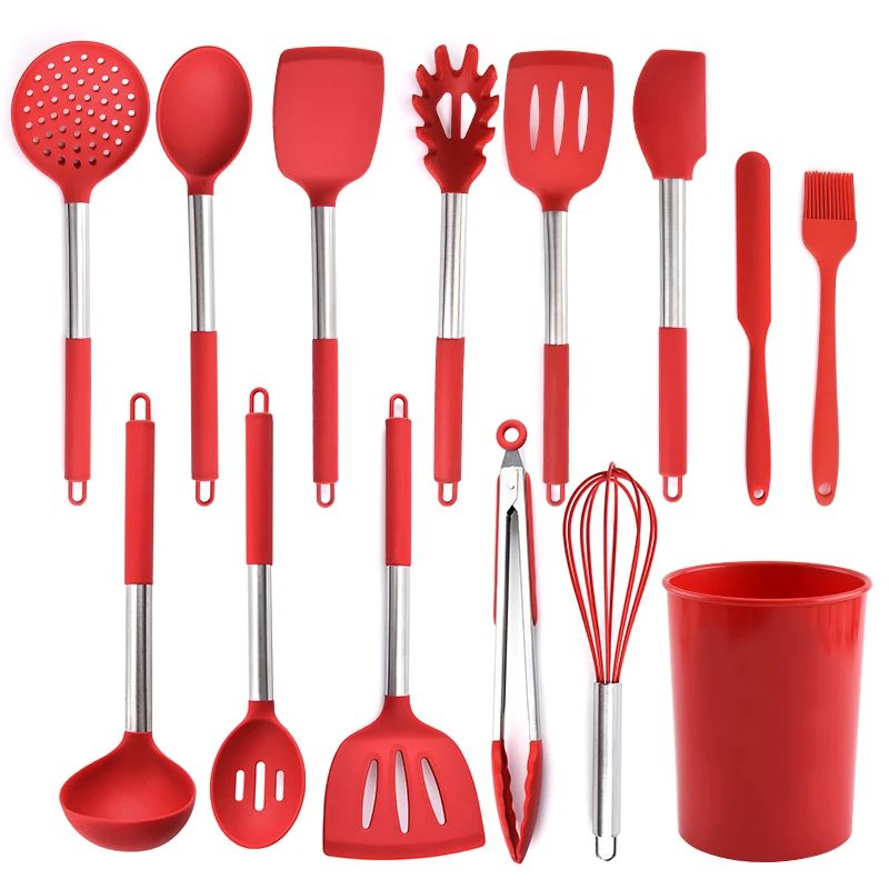 Ready to ship silicone kitchen utensils sets luxury kitchenware safe food grade silicone cooking utensil set with holder