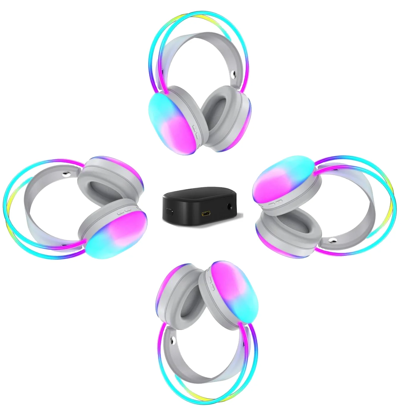 Rechargeable Wireless Silent Disco Headphones RF LED Flashing Light Headset 4pcs Headphones Bundle and 1 Transmitter