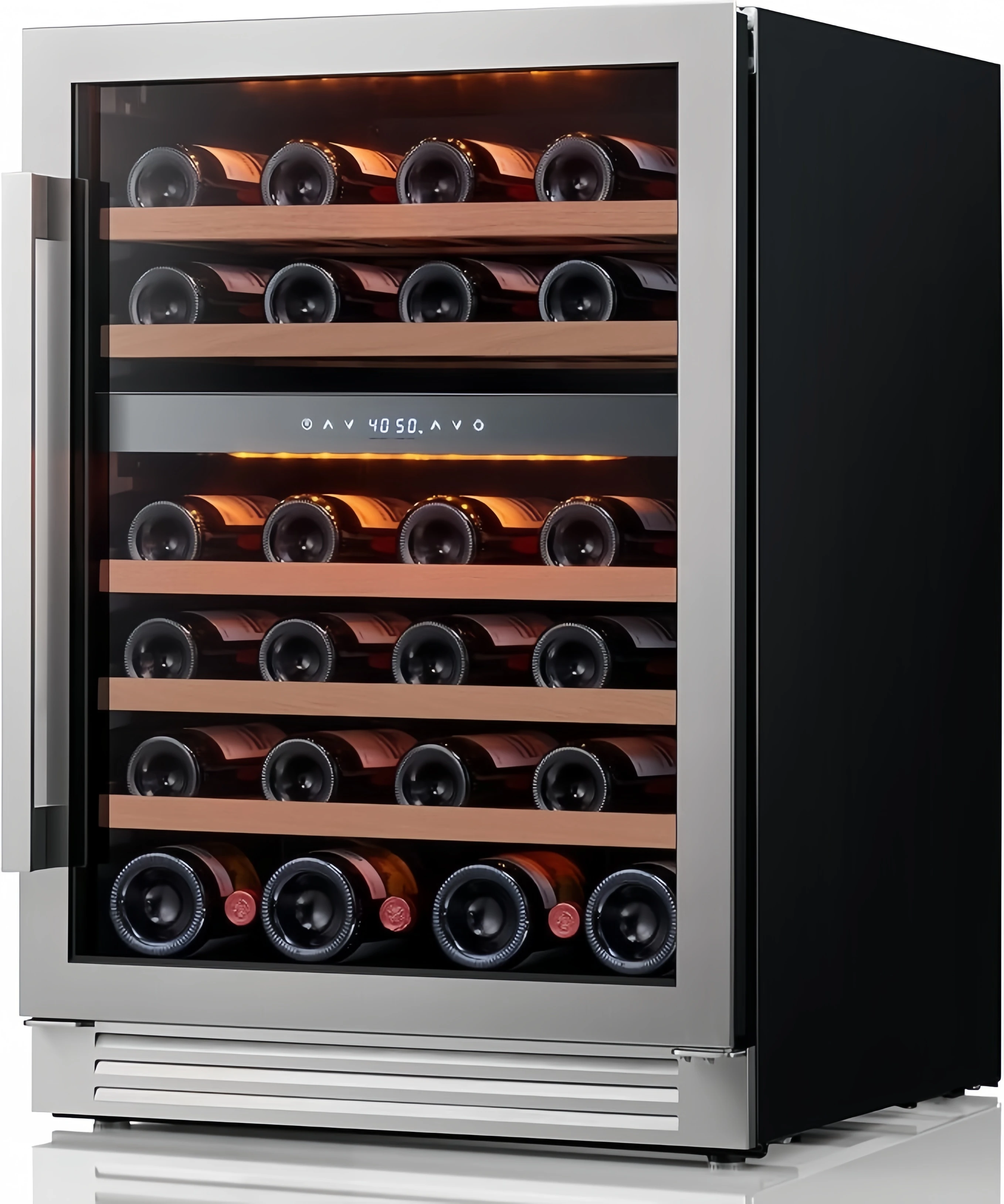 24-Inch Stainless Steel Wine Cooler Cooling Compressor 46 Bottle Capacity Dual Zone Wine Refrigerator Featuring 3 LED Hotel