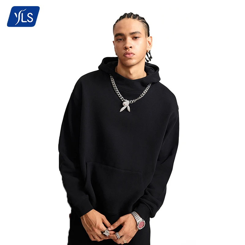 YLS Fashion Wholesale Heavyweight 385gsm Men High Neck Hoodies Cotton Plain No String Casual Collar Oversized Hoodie For Men