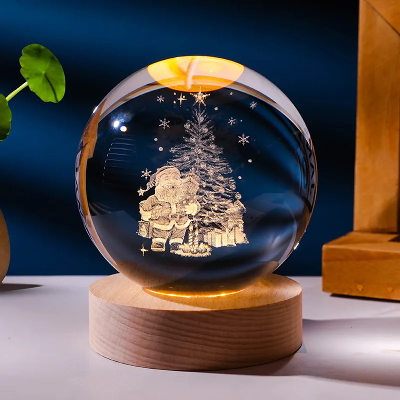 Wholesale Night Light 3d Interior Crystal Ornament Small crystal Ball Luminous Crystal Ball Lamp Desktop With LED Wood Base
