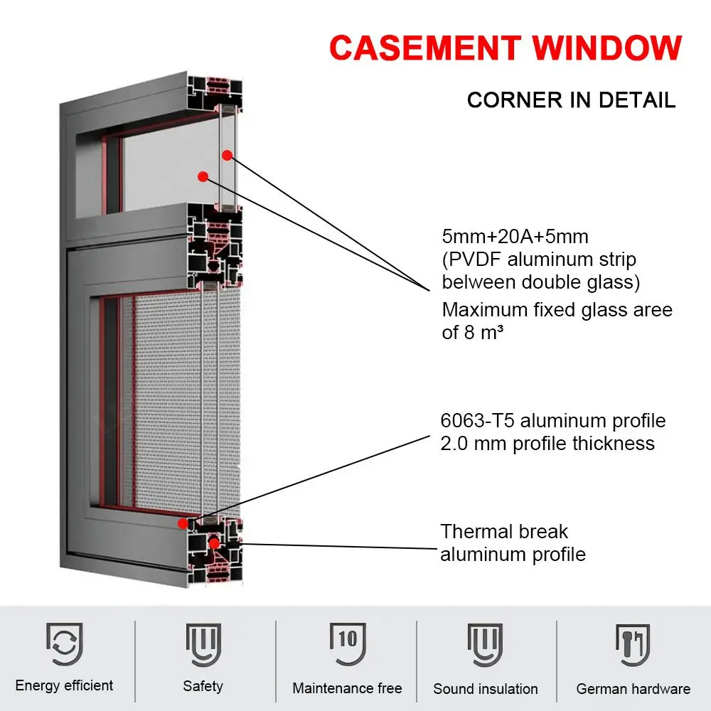 Aluminum Alloy Frame Double Glazed Casement Window Aluminum Security Glass Casement Windows