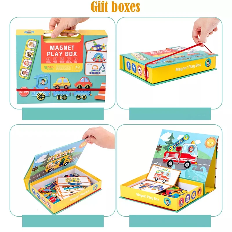 New arrival four theme interesting wooden magnetic puzzle game 3D puzzle educational game box toy set
