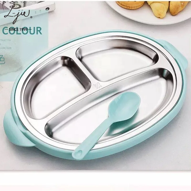 Dishes & Plates Dinnerware Happy Monkey 3 Compartment Stainless Steel 304 Kids Children Dining Plate With spoon