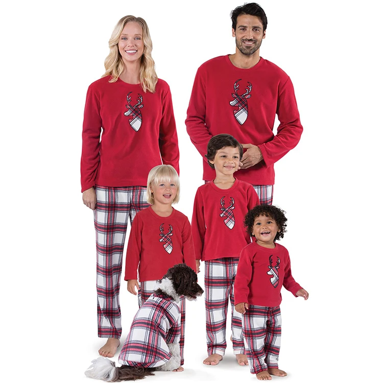 Round Neck Long Sleeve Plaid Christmas elk family pajamas for parents and children