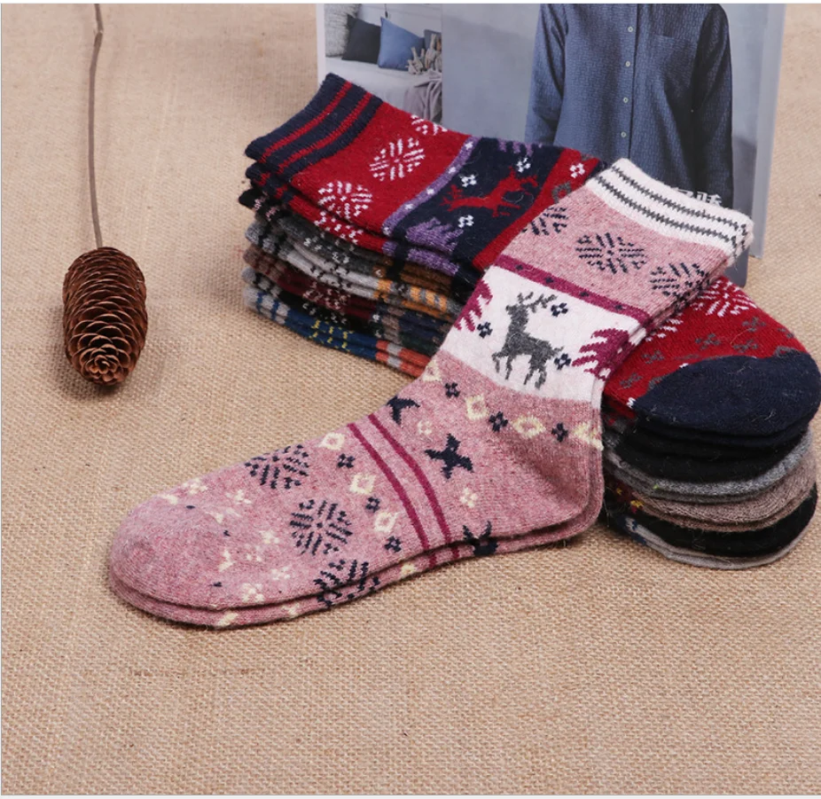 Youki Wholesale good quality Women cony hair Winter Christmas Deer Wool ladies Thicken Socks