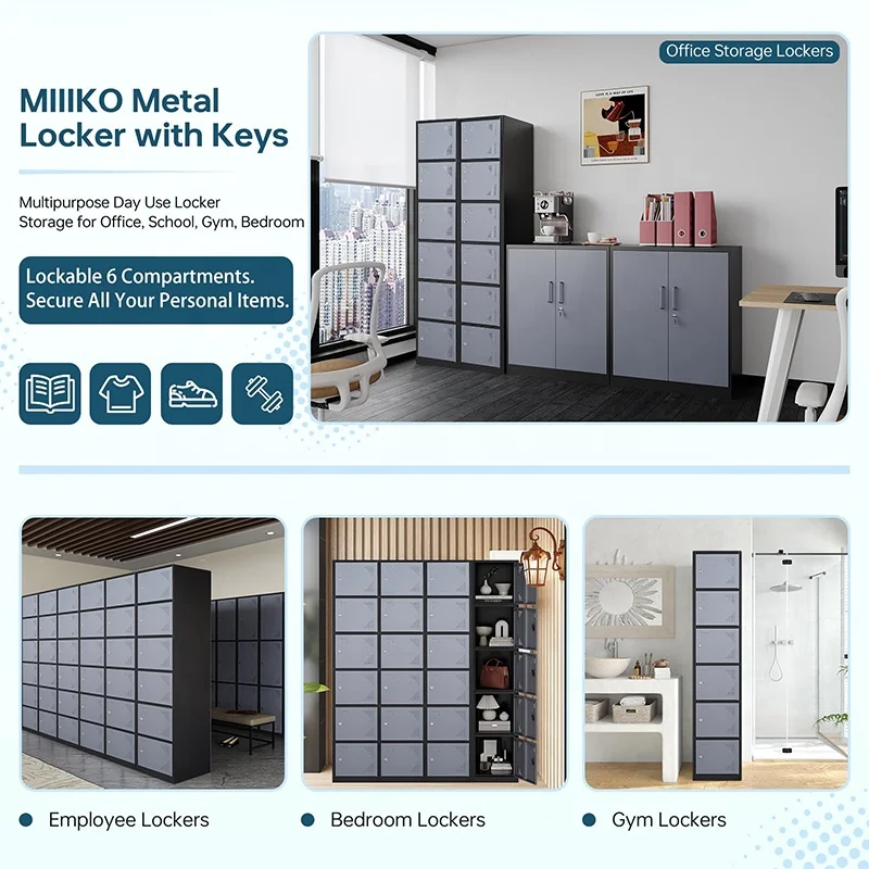 Modern 6-Tier Metal Locker with 6 Doors Bedroom Furniture Storage Unit for School Gym Office Mudroom Employee Lockers with Keys