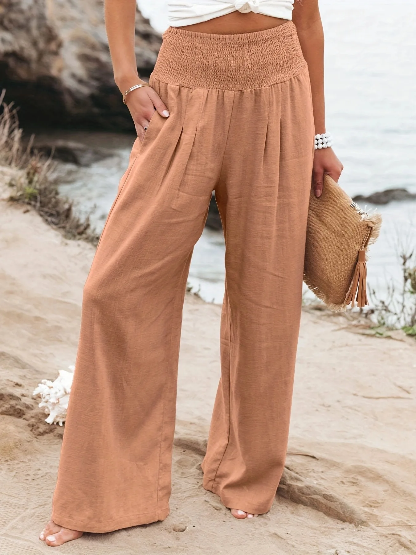Popular Spring Autumn Women Casual Wide Leg Pants Solid Color Cotton Linen Mid Waist Trousers