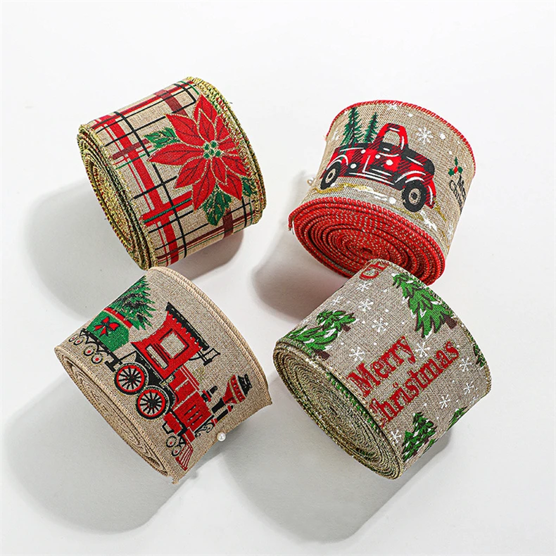Bulk Wholesale 6.3cm Wide Burlap Wired Edge Merry Christmas Ribbon For Party Gift Decorative Wreaths Bow Making
