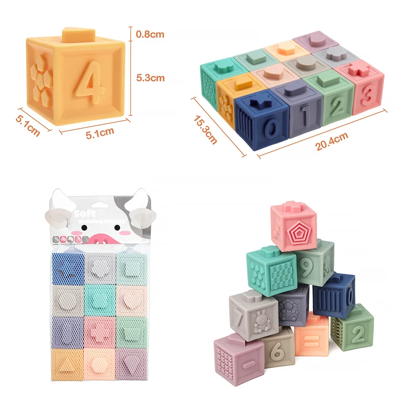 Hot PVC Soft Rubber Squeeze Cube Teether Toy Baby Teething Bite Play Stacking 3d Embossed Number Building Blocks