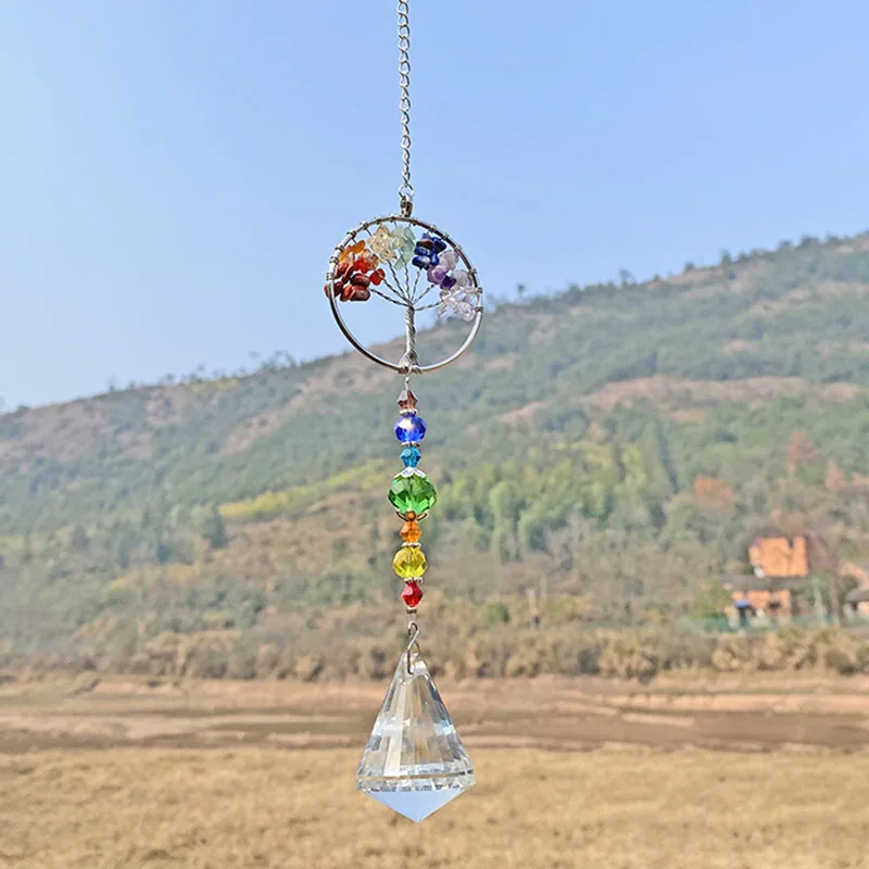  Tree Of Life Crystal Ball Window Hanging Pendant Rainbow Chandelier Decor 7 Chakra Prism Ornaments for