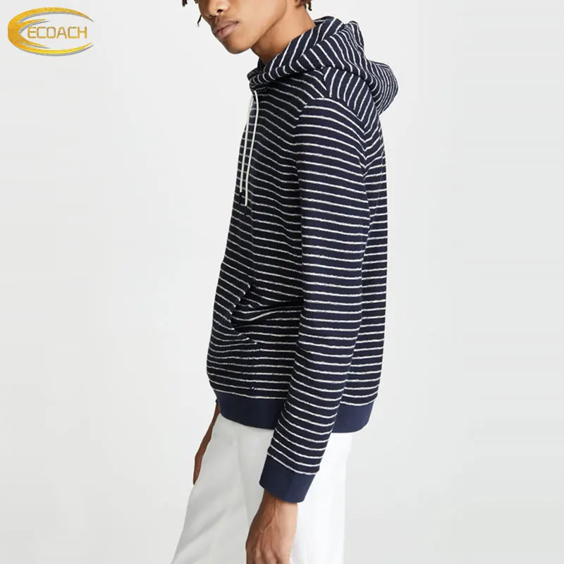 custom Spring Wholesale Custom Logo Long Sleeve Pullover Deep Blue and White Striped Hoodies for Men
