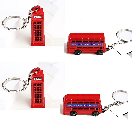 Hot Selling Metal Keychains Molded 3D Red Telephone Box Double Decker Bus Key Chain