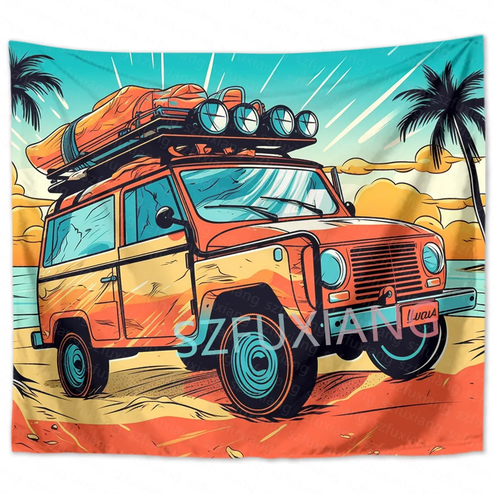 Coconut trees car Hawaiian sea scenery tapestry beach towel Home psychedelic hanging cloth bedroom decorative background wall