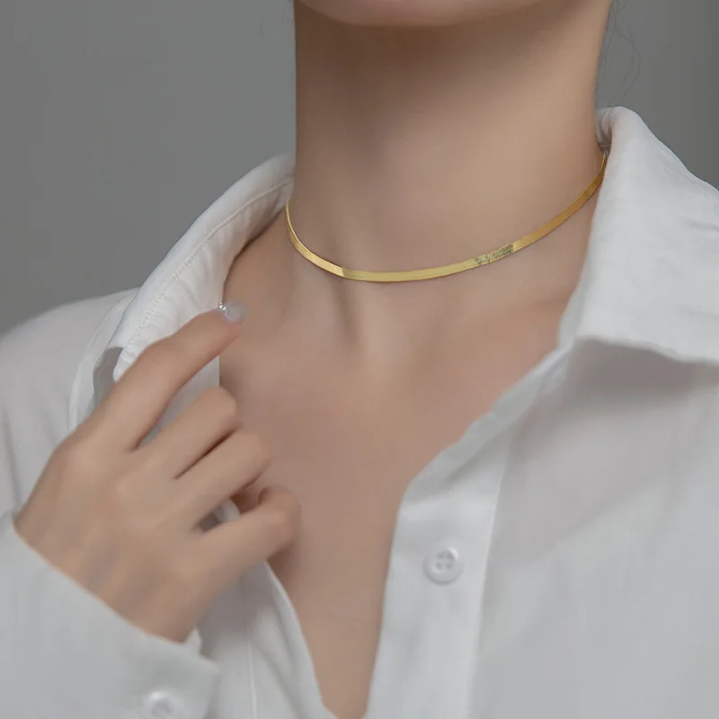Fashion Multilayer Silver Necklace 925 Sterling Korean Flat Snake Bone Chain Necklace Choker Single Chain Gold Layering Necklace