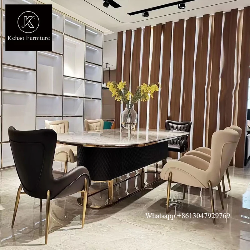 Italian oval marble stone top dining tables set wedding tables and chairs sets stainless steel leg marble top dining table