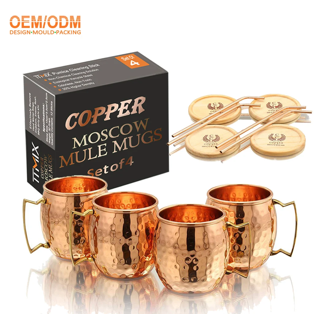 Custom Pure Copper Hammered Mugs with Copper Straws & Wooden Coasters Set of 4 16 Oz  Cups Handcrafted with  Gift Packaging