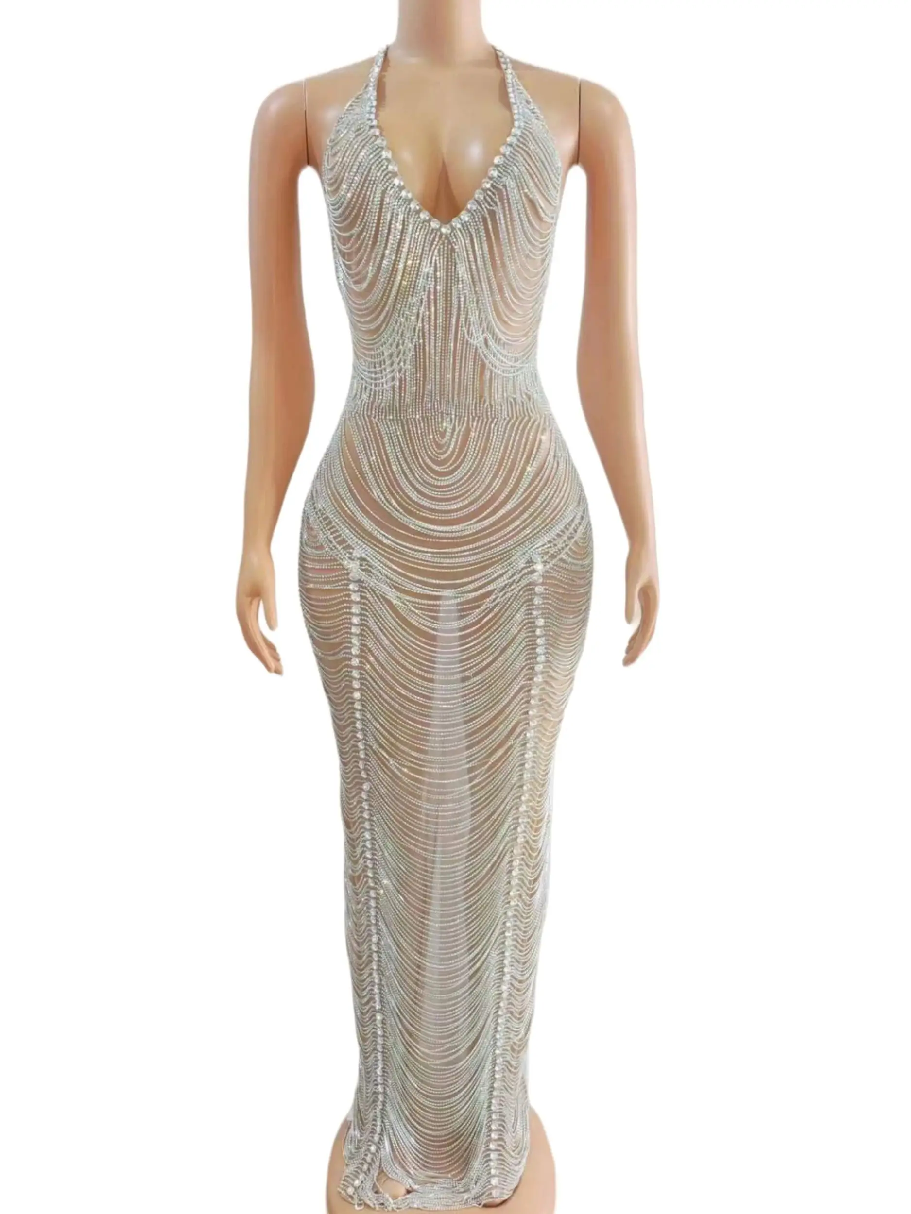 Stunning Women Drill Chain Long Dress Birthday Evening Elegant Backless Drag Queen Outfit Stage Singer Performance Sexy Costume