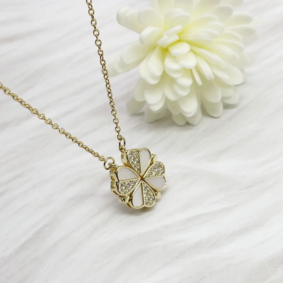 Wholesale Jewelry Fashion Heart Shaped Four Leaf Clover Pendant Magnetic Stainless Steel Zircon Love Clover Necklace for Women
