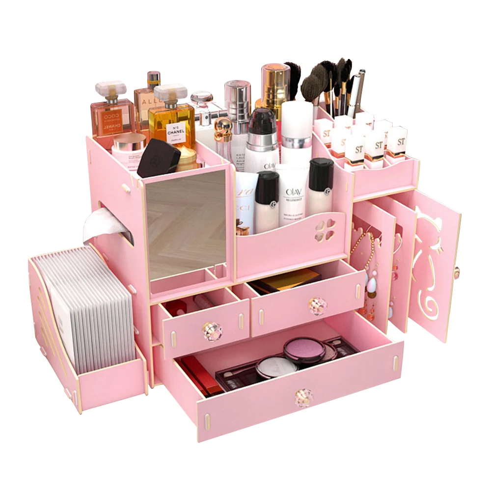 Wholesale DIY Wooden Cosmetics Box Big Makeup Container Storage Organizer Products W/ Adjustable Mirror, 4 Drawers, Tissue Box