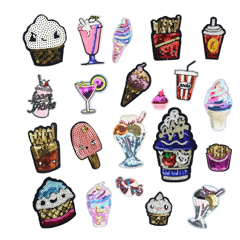 Iron-on Embroidered Multicolor sandwich Cola fries Sequin patch for clothing bags hats decoration garment embroidery patches