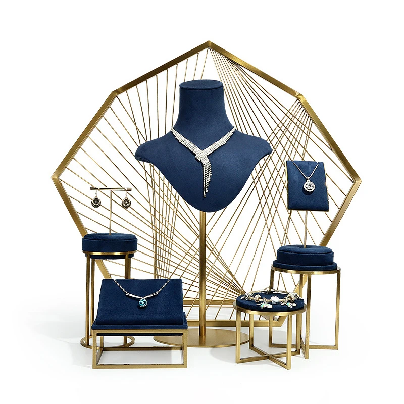 Custom Suede Blue Luxury Jewelry Stand Metal Store Jewelry Display Set for Cabinet Counter