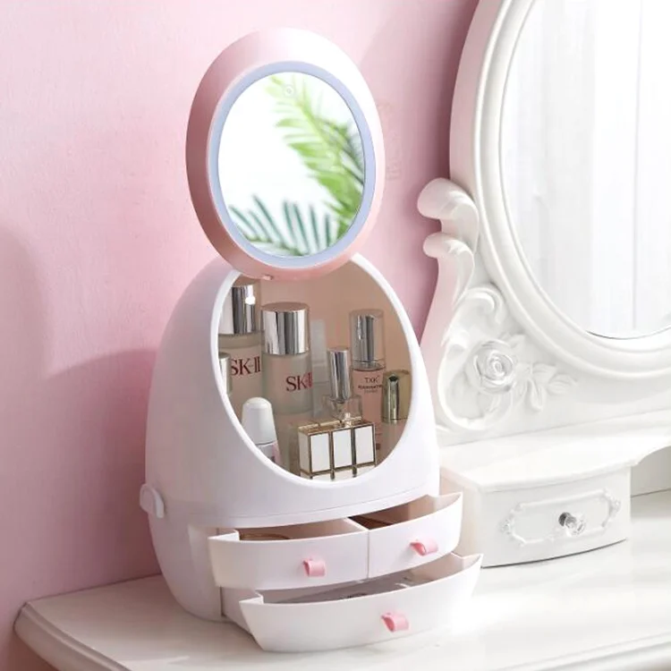 Table Dustproof Rotating Led Mirror Plastic Storage Box Case With Handle Travel Cosmetic Makeup Organizer Storage Box
