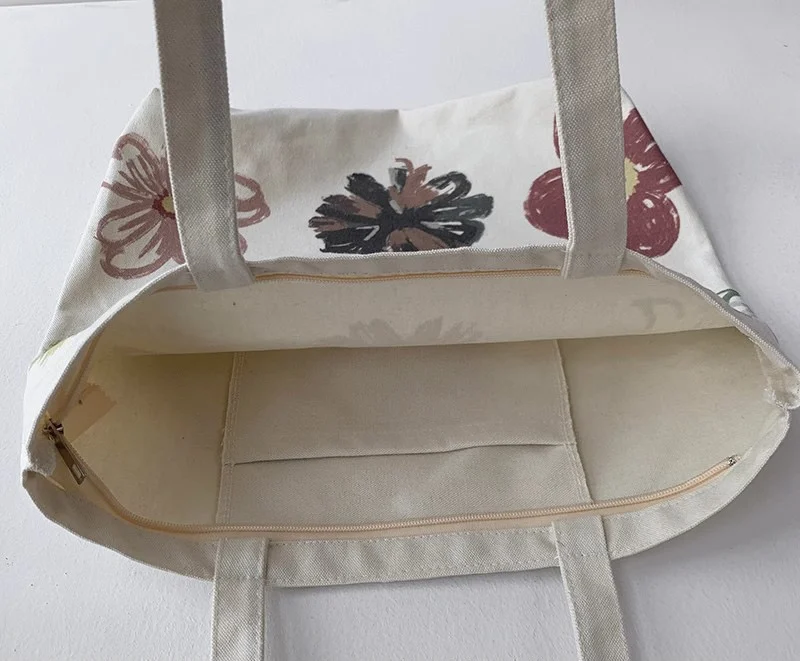 High quality Customise print flower shopping bag school designer floral pattern fabric cotton canvas custom tote bag for women