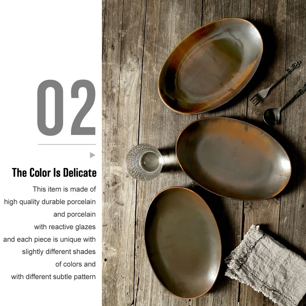 Factory Direct Wholesale Matte Color 12 Inch Rustic Ceramic Fish Tableware Plates Porcelain Oval Dinner Plate For Restaurant