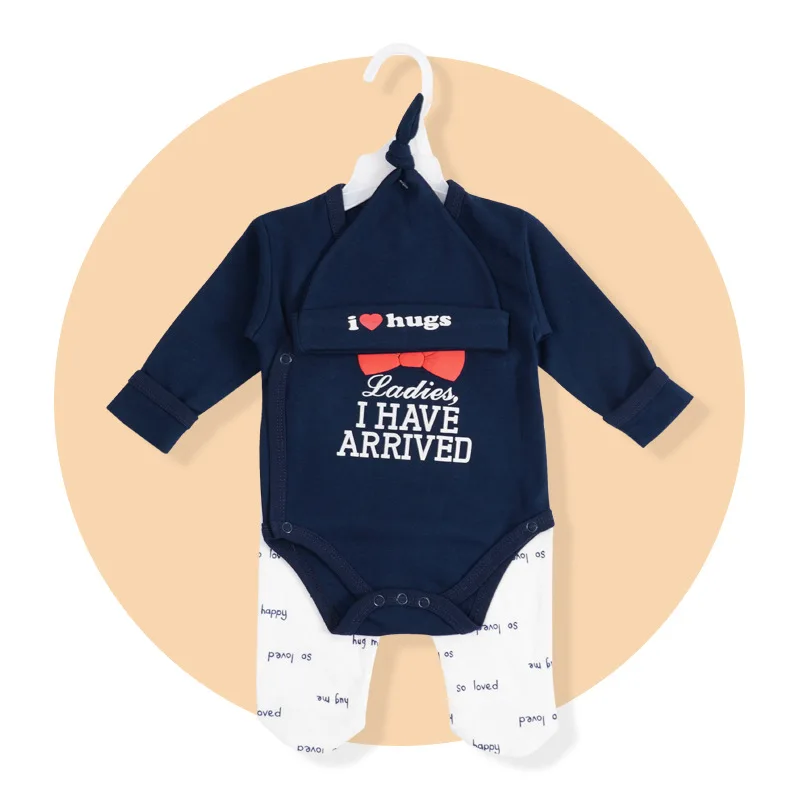 Wholesale Hot Selling long Sleeve romper  hat pants  Cotton Baby Clothes  3 Pcs Outfits Infant Clothing Set