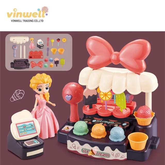 22PCS DIY Ice cream shop pretend play fashion Princess cash register sound&light supermarket toy set for girls