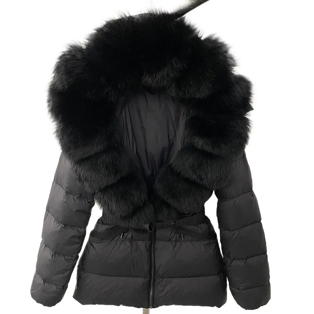 OFTBUY 2024 Winter Jacket Women Real Raccoon Fox Fur Collar Hooded White Duck Down Coat Belt Thick Warm Casual Outerwear