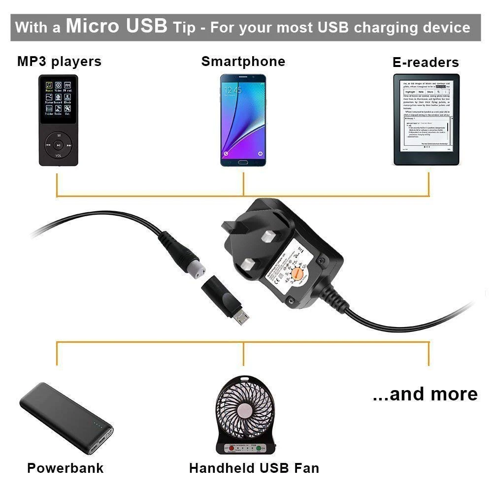 12W Universal Multi Voltage AC/DC Adapter Switching Power Supply with 8 Tips Adapter Plugs Suitable for 3 V to 12 V Device