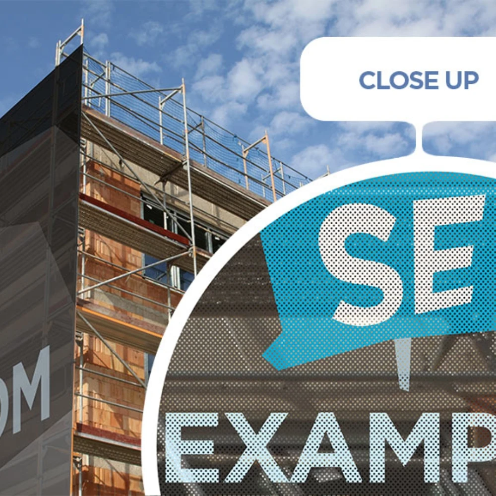 Custom Commercial Grade Scaffold Mesh Banner with Double-Stitched Seam Digital Printing Insurance Metal Grommets Building Wrap