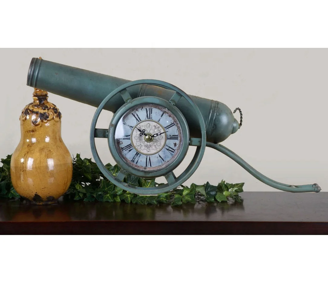 DECORATIVE ANTIQUE VINTAGE BIG GUN SHAPE METAL TABLE TOP CLOCK