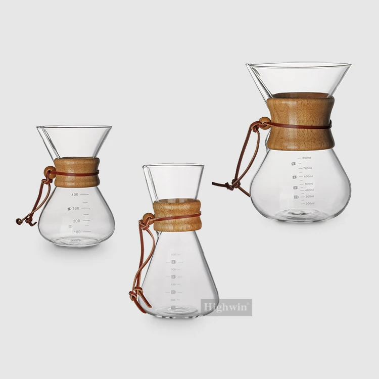 HIGHWIN 400ml 600ml 800ml Wood Holder Glass Cold Brew Coffee Maker Pour Cover Coffee Dripper