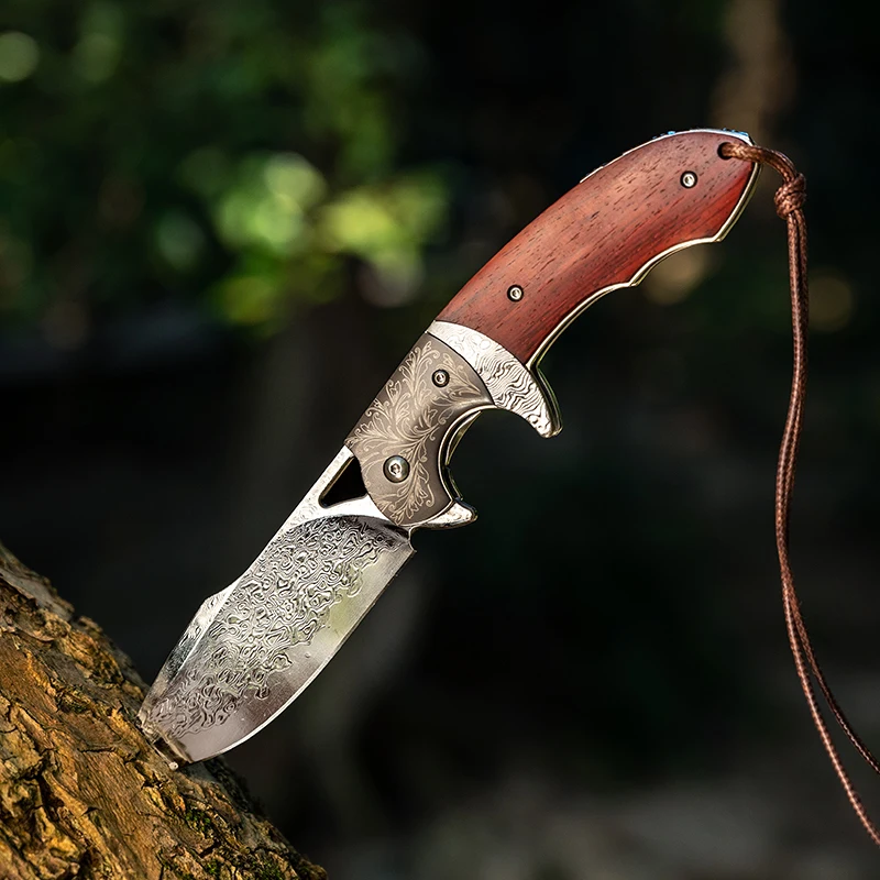 2024 New Damascus Hunting Knife VG-10 Steel Core 73 Layers Damascus Blade Natural Rosewood Handle with Lock Pocket Knife