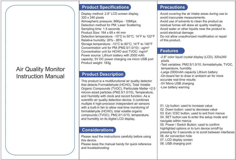 Dienmern High Quality Portable 8-in-1 Multi Gas Detector Handheld Device PM2.5 Temp TVOC HCHO Air Quality Monitor OEM Supported