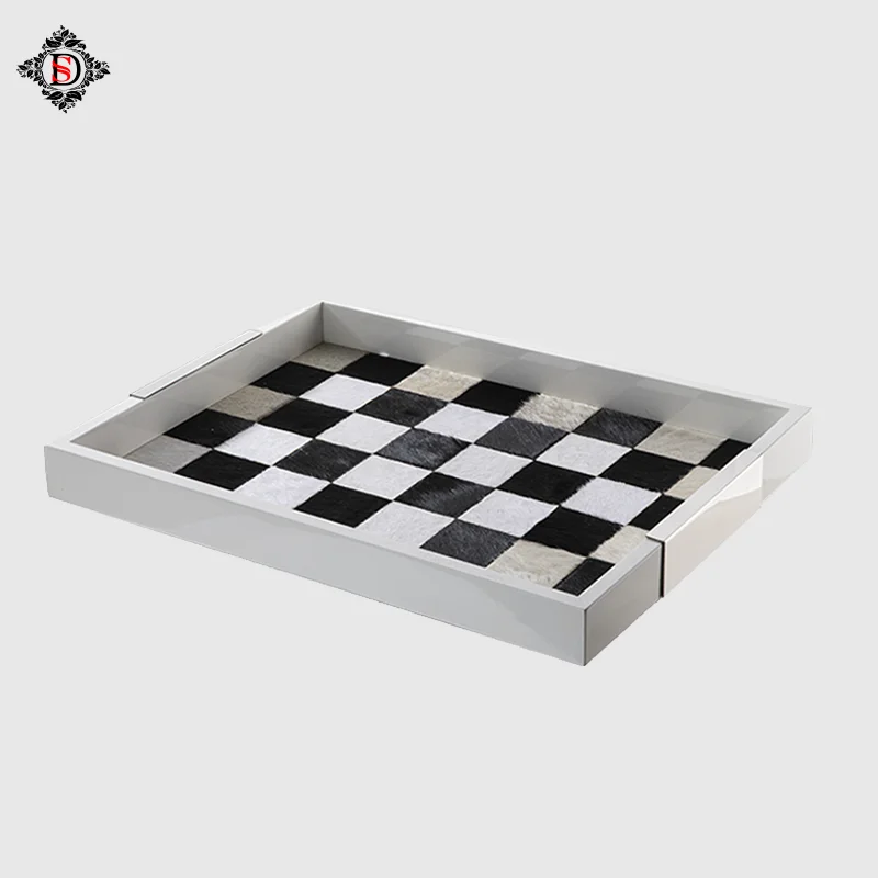 Modern light luxury black and white checkerboard grid horsehair wood tray entryway hotel jewellery storage tray