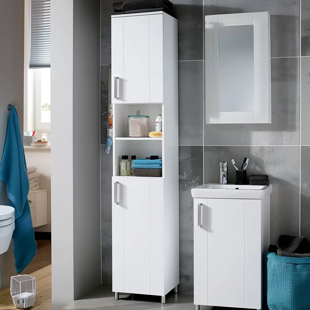Modern Bathroom Storage Cabinet Tall Floor Standing Unit with 2 Doors 1 Compartment 1 Drawer High Gloss Front for Hotels
