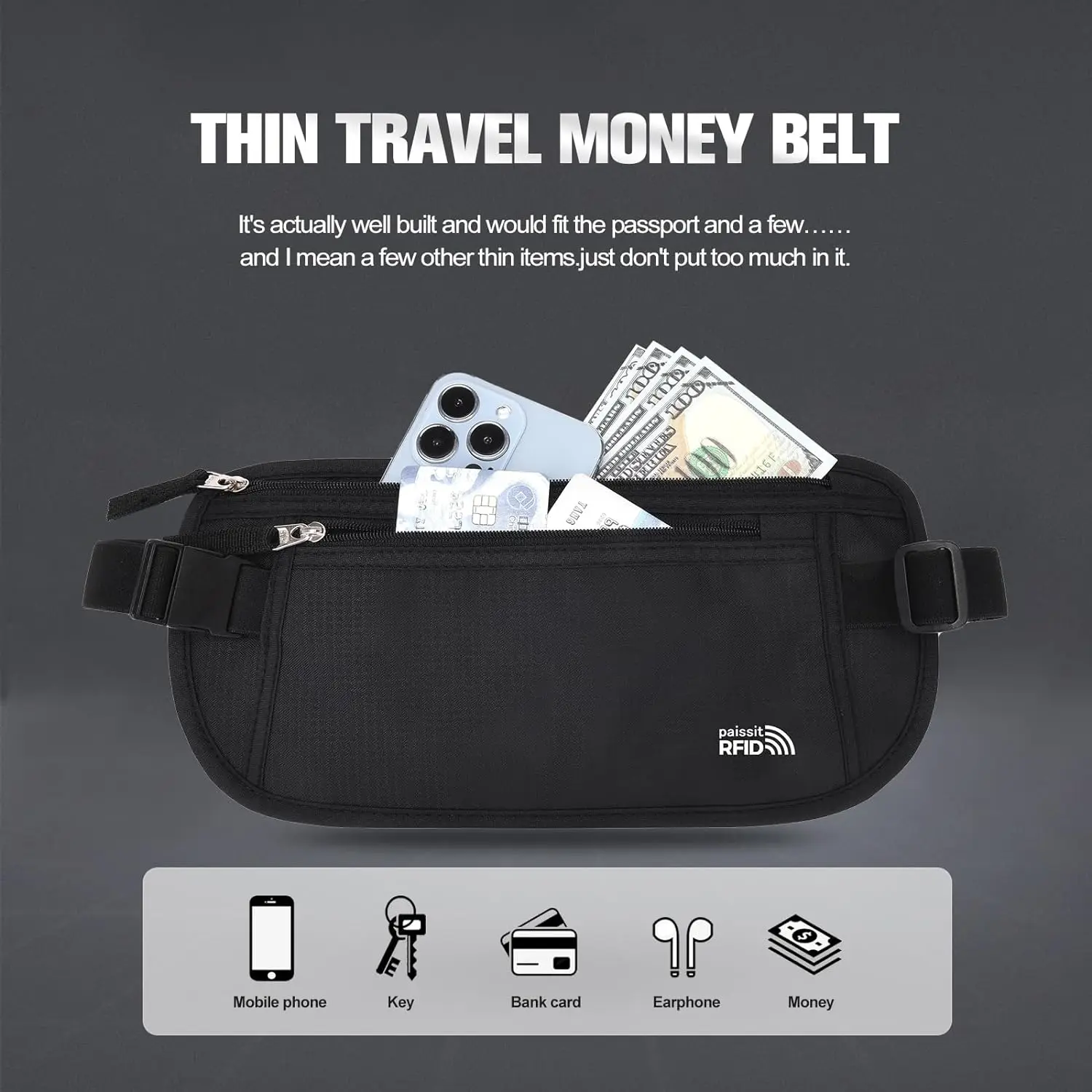 Custom Logo Slim Passport Holder RFID Blocking Travel Pouch Sports Running Waist Bag Travel Money Belt for Cash and Credit Cards