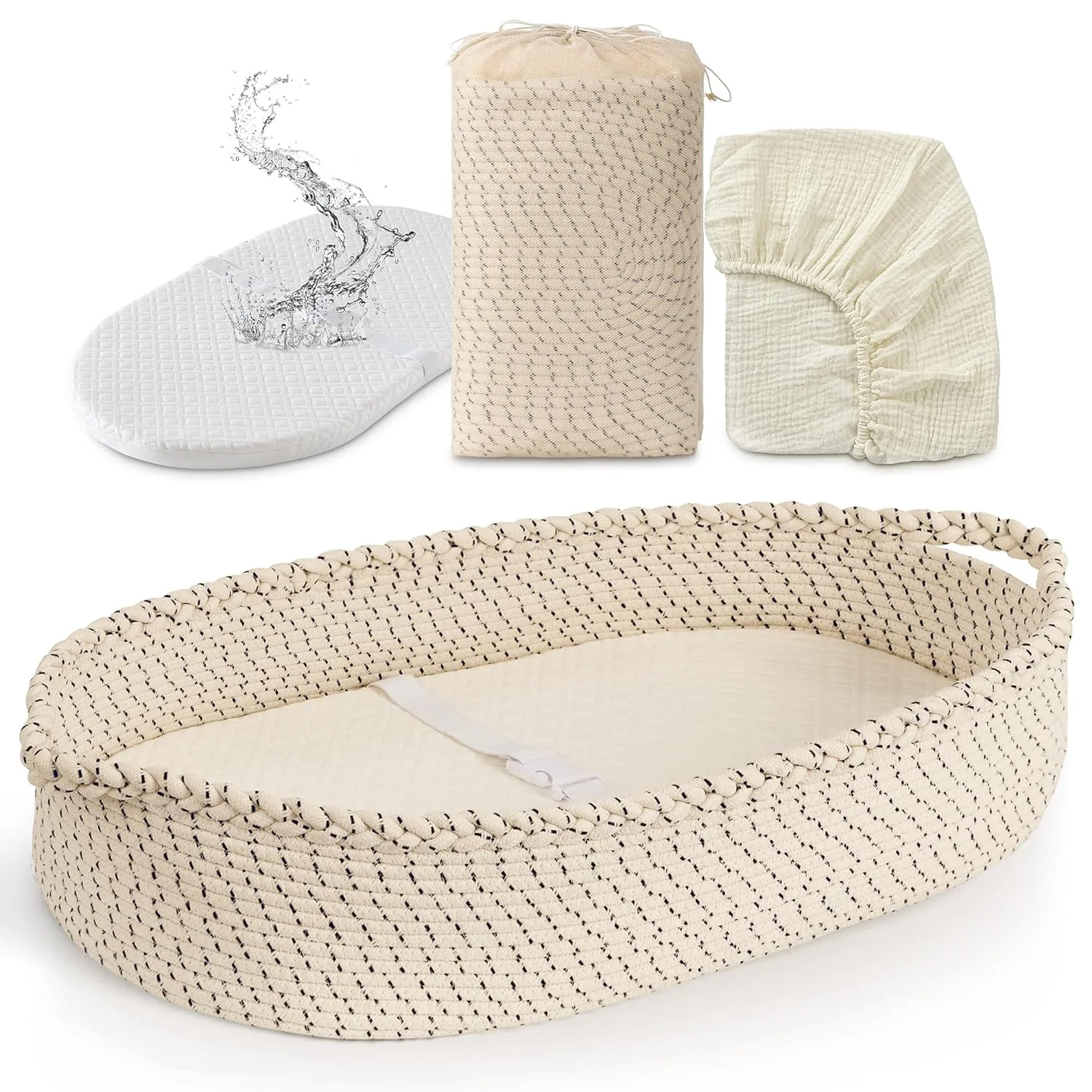 Unisex Beige Baby Cotton Rope Moses Basket for Newborn with Foam Pad Waterproof Cover