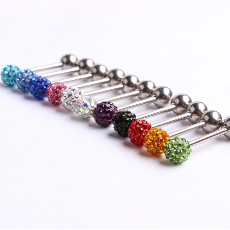 Wholesale 14G Stainless Steel Crystal Round Ball Barbell Tongue Ring Studs, Multi Color Bar Piercing Pin Jewelry  for Women Men