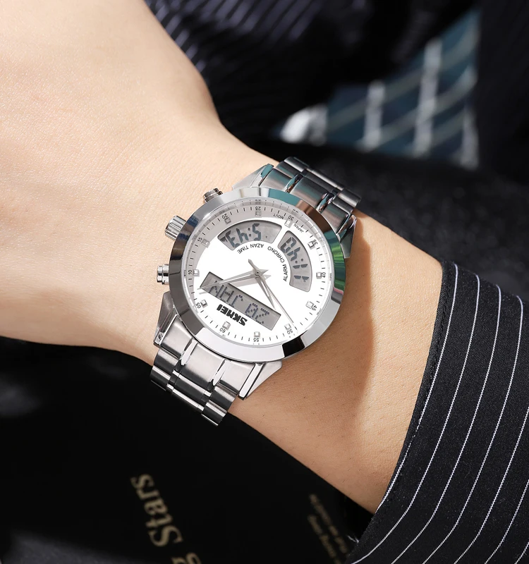 SKMEI Q036 New Arrival Men  Digital Watches Fashion Luxury Brand Watch Dual Time Stainless Steel Leather Men Wristwatch
