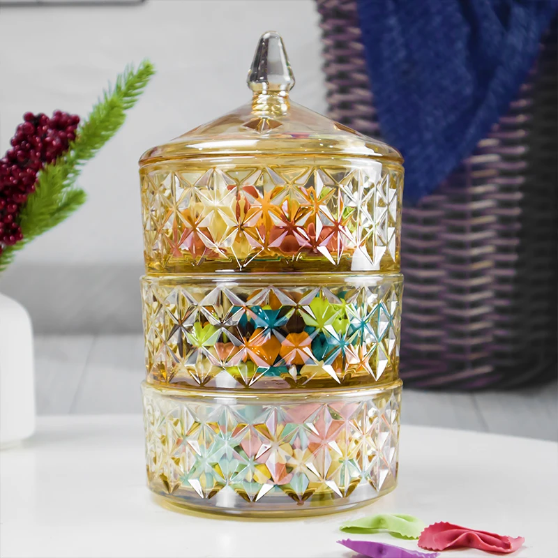 3 Tiers Factory Wholesale Customize Etched Vintage Crystal Glass Jar Candy with Lid