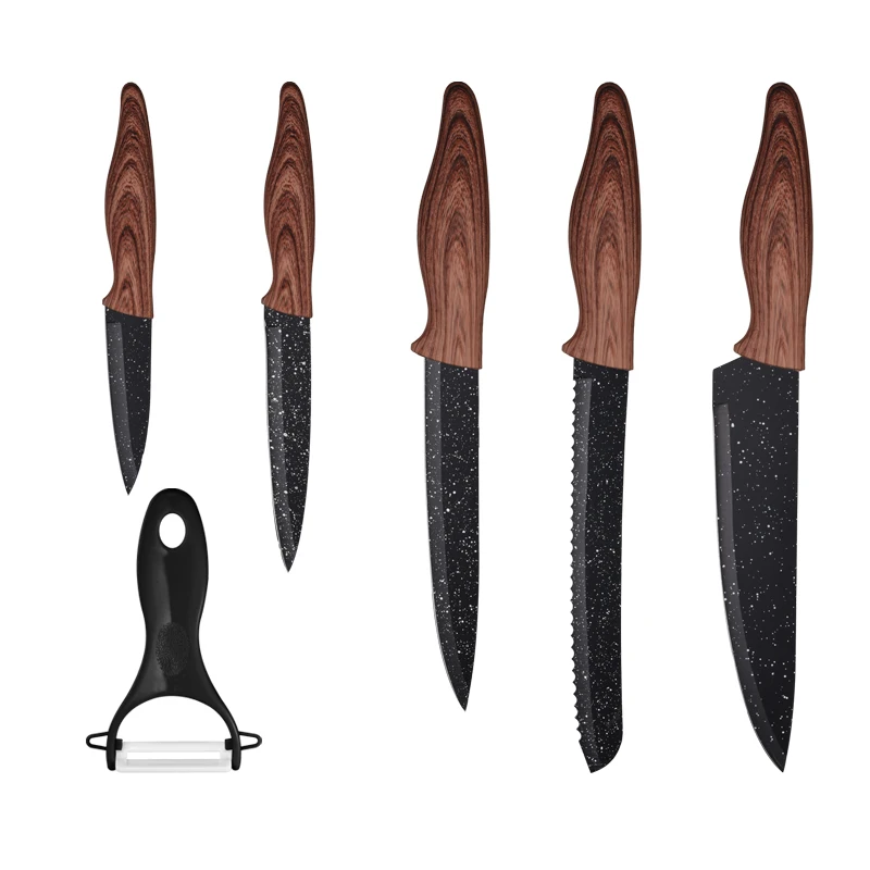 Exclusive In Stock 6 Pieces Wood Grain Handle Kitchen Knife Set Non-stick Coating Knife Set Wooden Handle Knives With Gift Box