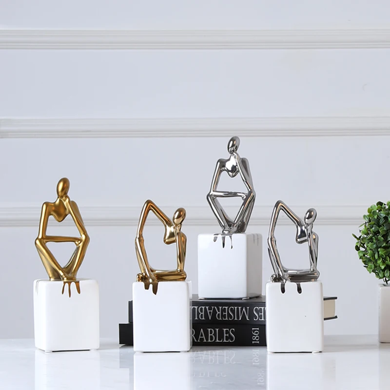 Nordic Decoration Home Art Lovely Gold Modern Ornaments Thinking Man Small Sculpture For Desktop Decor