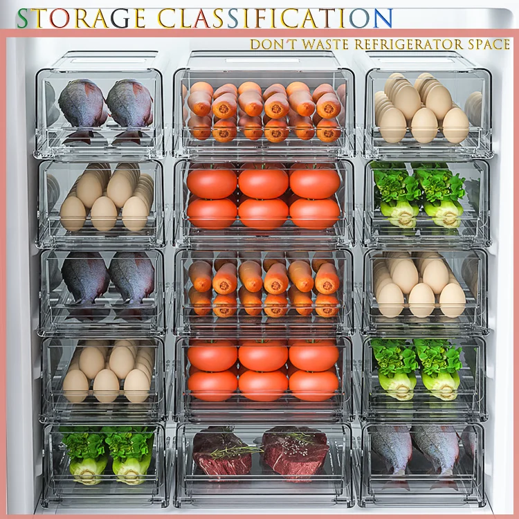 Hot Sale Wholesale Plastic Refrigerator Storage Box Transparent Fridge Drawer Organizer Stackable Refrigerator Organizer